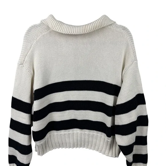 Quince Cropped Polo Sweater Womens Medium Ivory Black Striped Cotton Preppy - Picture 5 of 12